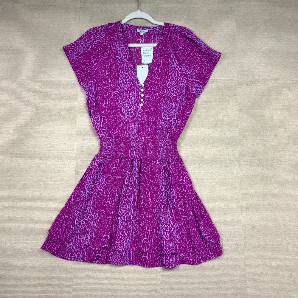Rails Magenta Cheetah Print Smocked Mini Dress V-Neck Purple Pink Small NWT